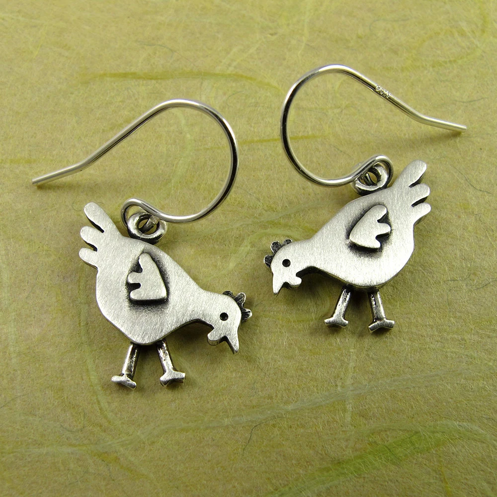 Chicken Earrings - Silver Plated